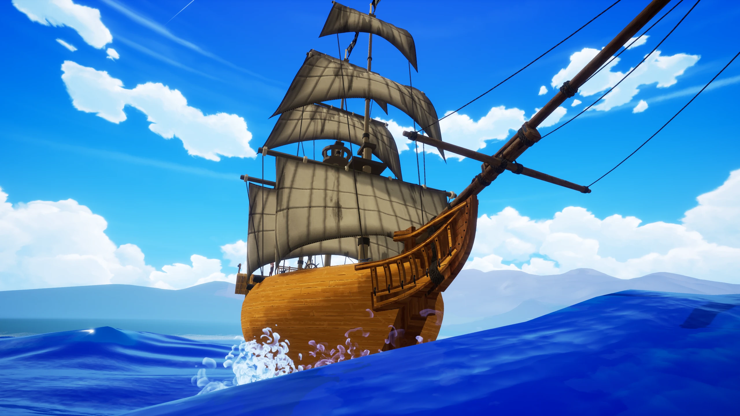 A player-made ship exploring the open ocean